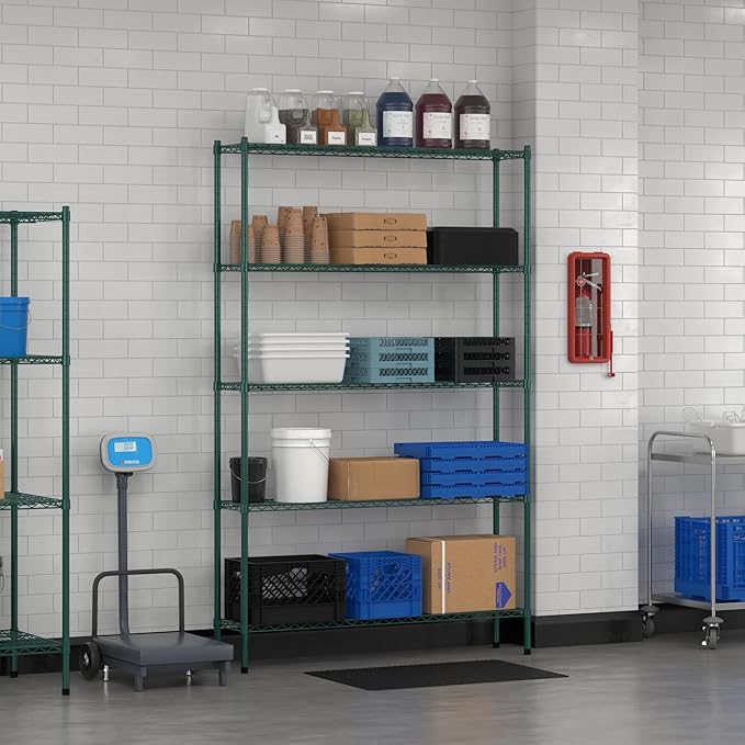 Commercial NSF Listed Green Epoxy Stationary Wire Shelving Kit 12" x 54" x 86", with 5 Shelves Perfect for Warehouse, Walk-in Refrigerator, Freezer, Grocery Store, Restaurant, Dishroom