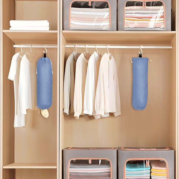 2 PCS Plastic Bag Holder Wall Mount Grocery Bag Holder Shopping Bag Trash Bag Storage Organizer Dispenser for Kitchen Closet 22 x 9 Inch Blue Wavy Lines