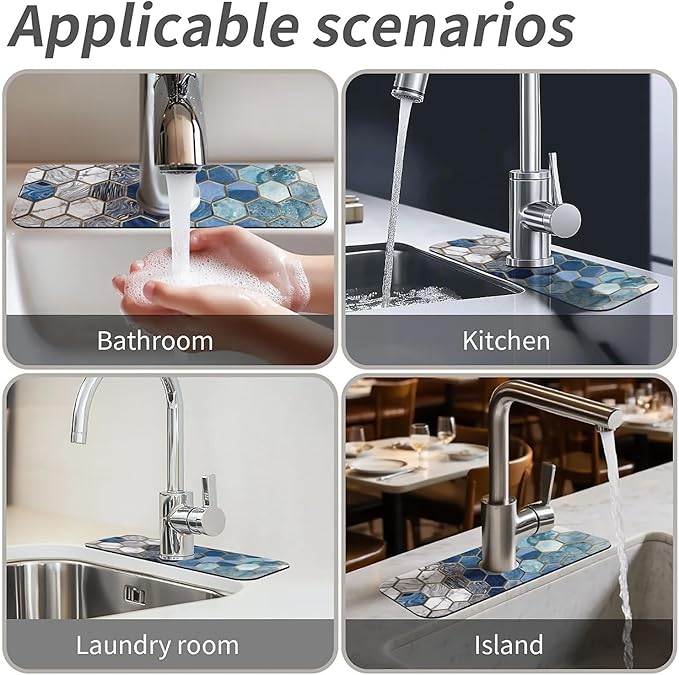 Kitchen Sink Splash Guard,Hexagonal tiles Faucet Mat Sink Gadgets-Super Absorbent Fast Drying Mat Drip Catcher for Kitchen, Bathroom,Sink Mat, Dish Drying Mat, Bathroom(15" X 5.5" )