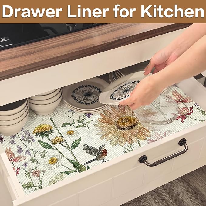 Vuacepe Floral Drawer and Shelf Liner for Kitchen Cabinets Non-Adhesive Drawer Liner Non-Slip Daisy Shelf Liners Strong Grip Waterproof Easy to Clean Cabinet Liners for Dresser Cupboard 12IN × 16.4FT