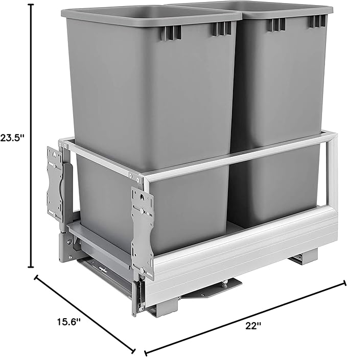 Rev-A-Shelf Double 50 Quart Pull Out Trash Can for Base Kitchen Cabinets, Storage Garage Bin on Wire Basket with Soft Close, Silver, 5149-2150DM-217