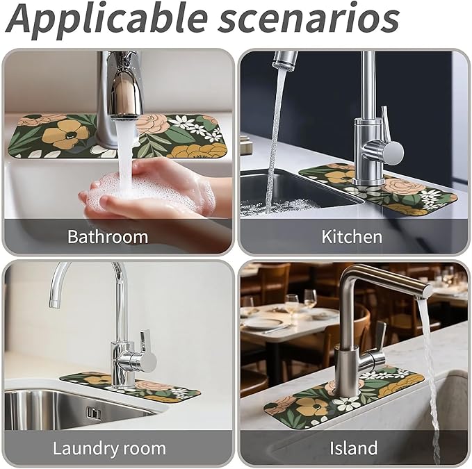 Kitchen Sink Splash Guard,Vintage Large Floral Faucet Mat Sink Gadgets-Super Absorbent Fast Drying Mat Drip Catcher for Kitchen, Bathroom,Sink Mat, Dish Drying Mat, Bathroom(15" X 5.5" )