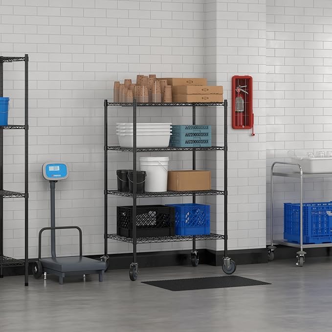 Commercial NSF Listed Black Epoxy Mobile Wire Shelving Kit 24" x 36" x 60", with 4 Shelves Perfect for Warehouse, Walk-in Refrigerator, Freezer, Grocery Store, Restaurant, Dishroom
