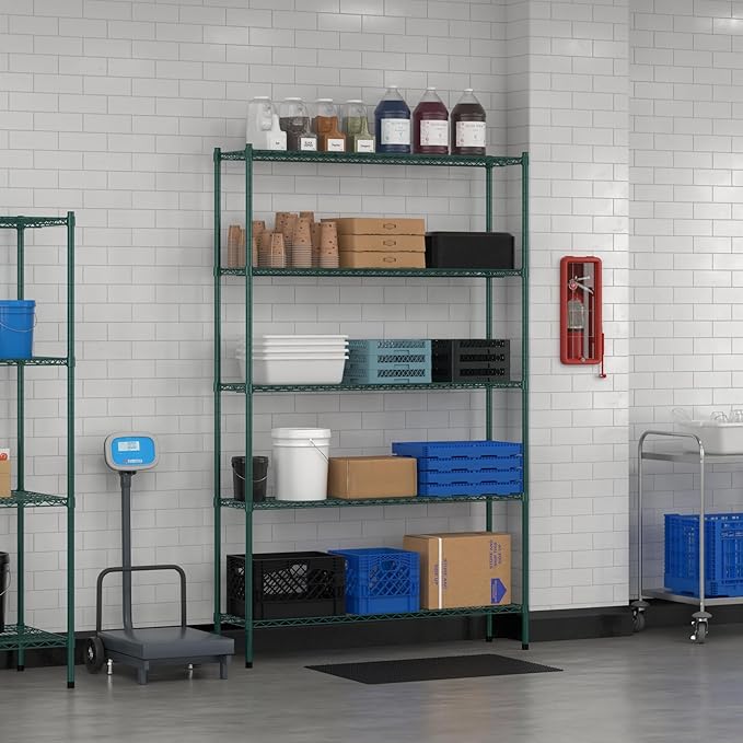 Commercial NSF Listed Green Epoxy Stationary Wire Shelving Kit 14" x 54" x 86", with 5 Shelves Perfect for Warehouse, Walk-in Refrigerator, Freezer, Grocery Store, Restaurant, Dishroom