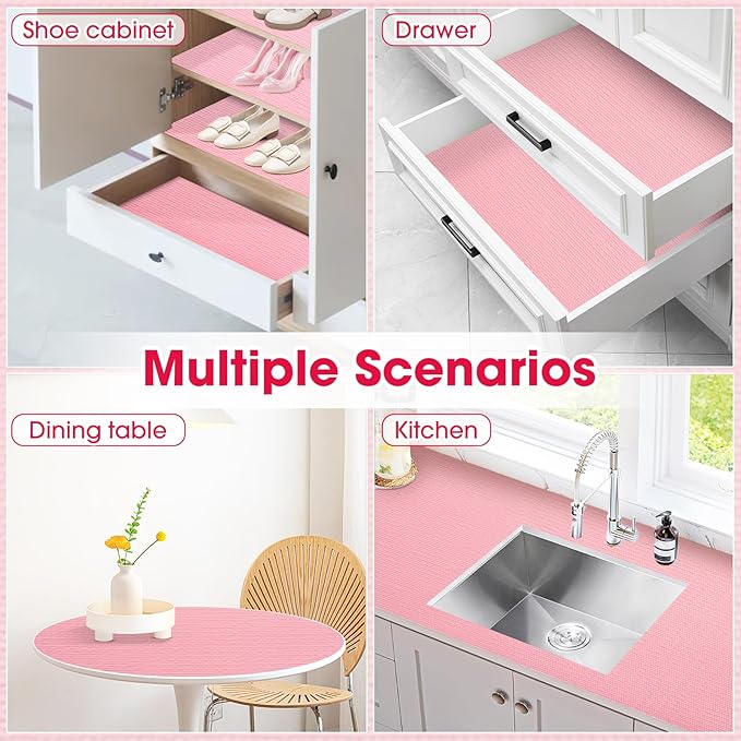 ALIUNI Drawer and Shelf Liner, Non-Slip Kitchen Cabinet Liners Non-Adhesive Thick Strong Grip Waterproof Washable Mats Protect Dresser Shelves Cupboard Bathroom Cabinets, Pink, 12 in X 20 FT