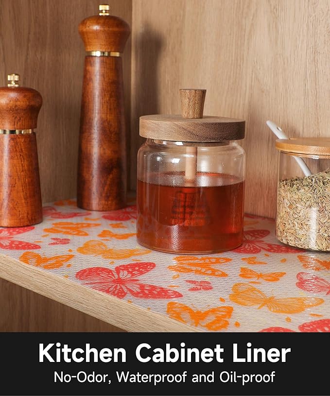 Cooyes Drawer & Shelf Liner for Kitchen Cabinets Non-Adhesive Waterproof Oilproof Reusable Washable Shelf Paper for Refrigerator, Cupboard, Dresser, Easy to Cut (Red Butterfly, 17.7" W x 78.7" L)