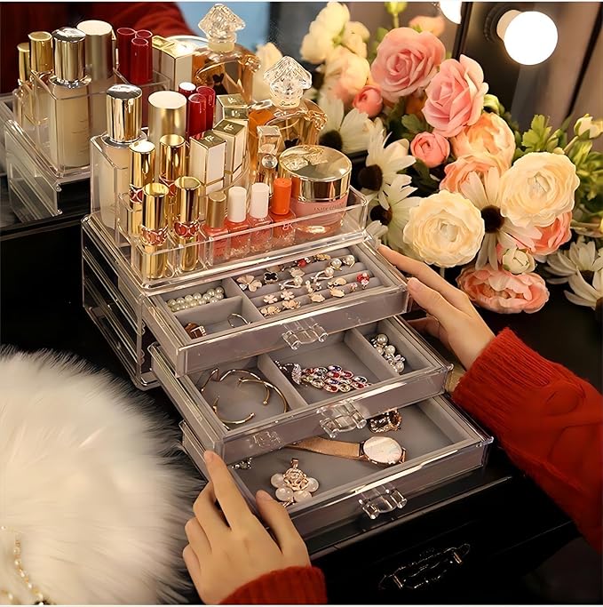 Clear Jewelry Organizer with 3 Drawers, Earring Organizer Jewelry Boxes for Women, Acrylic Earrings Display Holder for Storing Necklaces Earrings Rings, Grey