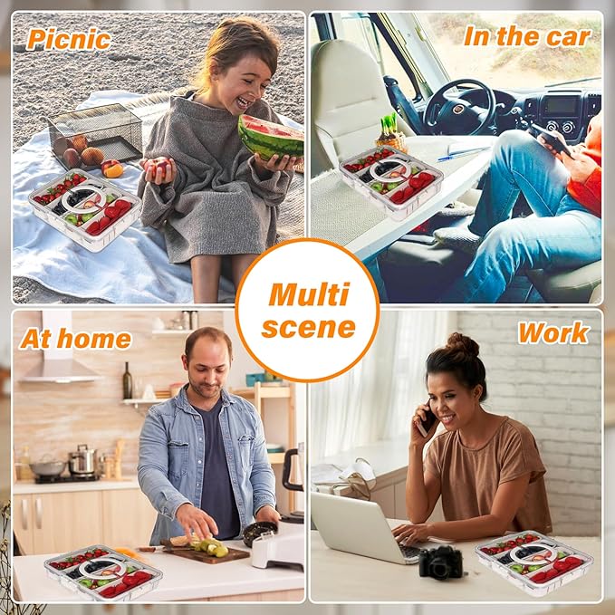 YFUIF 2 Pcs Portable Picnic Parties Fruit Tray, Fridge Food Veggie Condiment Divided Serving Preservation Storage Containers, Kitchen Clear Snackle Box Candy Organizer with Lid Handle