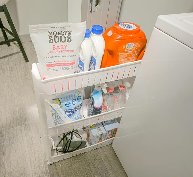 Slim Rolling Storage Cart for Bathroom and Laundry Room Organization - Narrow Space-Saving Mobile Shelving Utility Cart - Versatile Tier Design