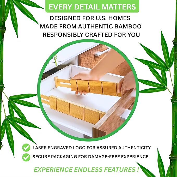 13.7-18.7" Expandable Bamboo Drawer Dividers with Inserts 4-Pack Spring-Loaded with Non-Slip EVA Pads, Adjustable Separator Set for Kitchen Utensils,Bedroom, Office,Bathroom