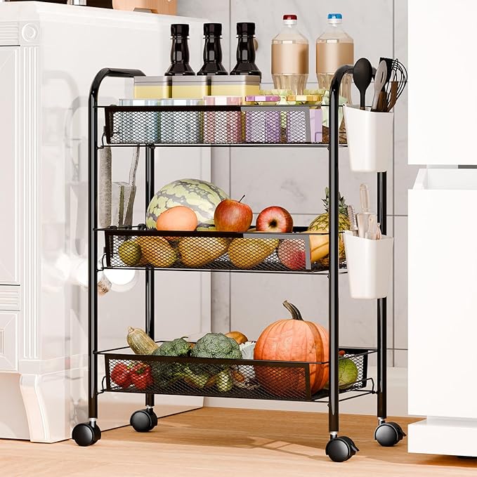 Fruit Vegetable Basket Storage Cart 5 Tier Stackable Metal Mesh Basket with 360 Degree Wheels 41 Inch High Kitchen Storage Snack Cart Pantry Bathroom Cart (Black 3-Layers)