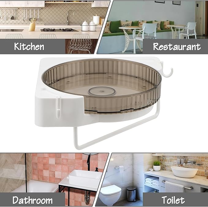 360° Rotating Corner Shower Caddy, No Drill Adhesive Turntable Shelf, Spinning Bathroom Organizer Rack with Towel Bar & Hooks for Shampoo Makeup Kitchen Spice (Grey)