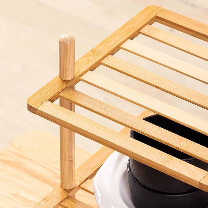 2Pcs 2-Tier Cabinet Organizer Shelf - Bamboo Corner Rack for Kitchen Counter, Cabinet Space Saver for Plates, Dishes, Bowls, Bread - Pantry and Bathroom Storage or Countertop (2, 6.7"H-Large)