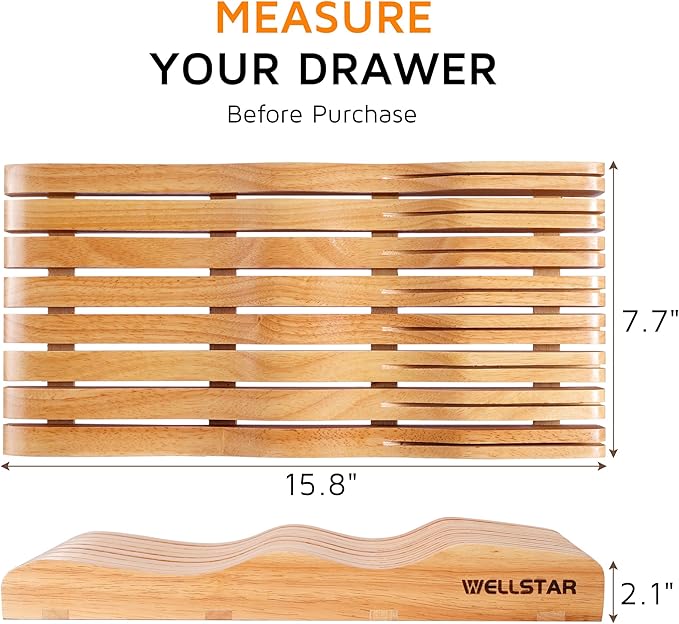 WELLSTAR Wood In-Drawer Knife Storage Block Holder - Organizer for 15 Knives, Kitchen Drawer Insert with Secure Blade-Down Storage, Durable Tray for Long & Short Knives (Knives Not Included)