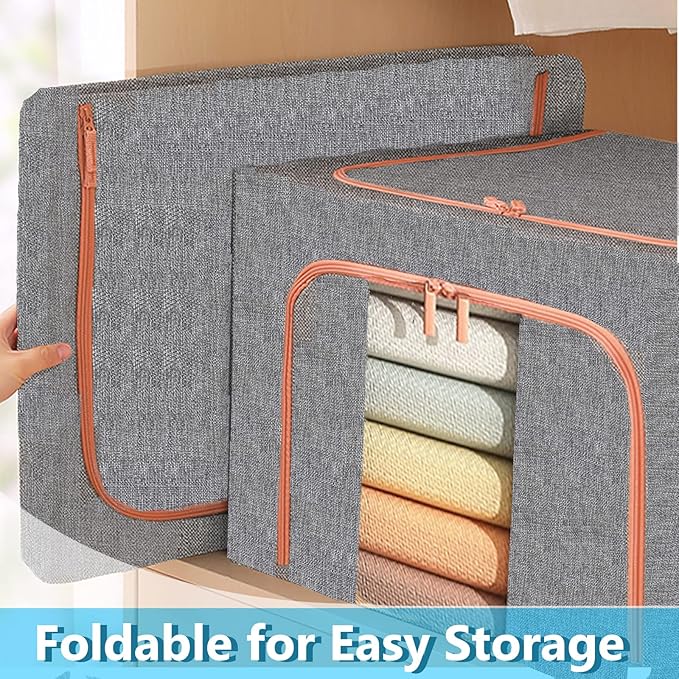 SWEERI Large Capacity Clothes Storage Bags,Stackable Storage Organizer with Foldable Metal Frame, 2-Way Zipper, Handles, Clear Window for Clothes, Bedding, Seasonal Storage (3Pack, 66L)