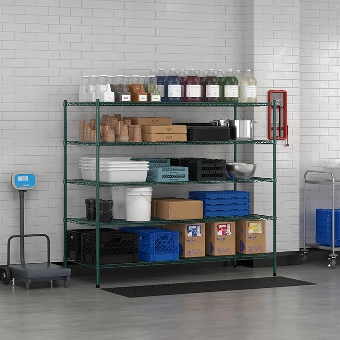 Commercial NSF Listed Green Epoxy Stationary Wire Shelving Kit 30" x 72" x 64", with 5 Shelves Perfect for Warehouse, Walk-in Refrigerator, Freezer, Grocery Store, Restaurant, Dishroom