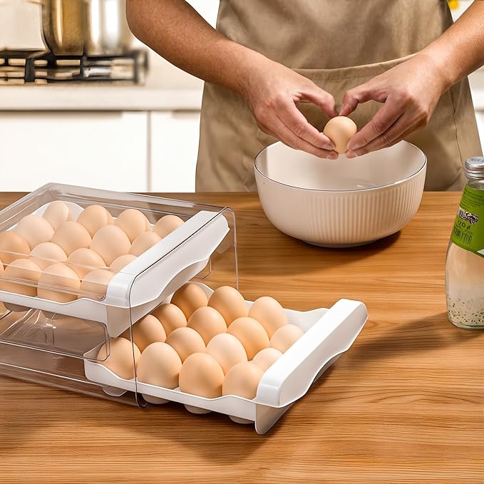 Egg Holder for Fridge,32 Grid/2 Layer Egg Holder,Egg Container for Refrigerator,With Drawer,Multi-function Egg Organizer for Refrigerator, Suitable for Kitchen, Refrigerator, Countertop.