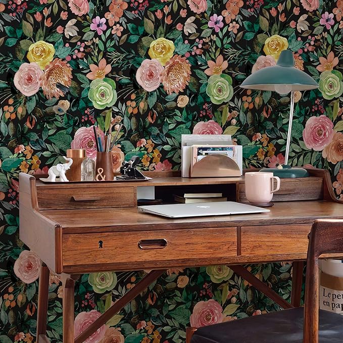 JiffDiff Blooming Floral Wallpaper Peel and Stick Pink Impressionist Floral Wall Mural Peony Roses Wallpaper Nursery Wall Decor (Black-Camellia, 17.7" X 393.7")
