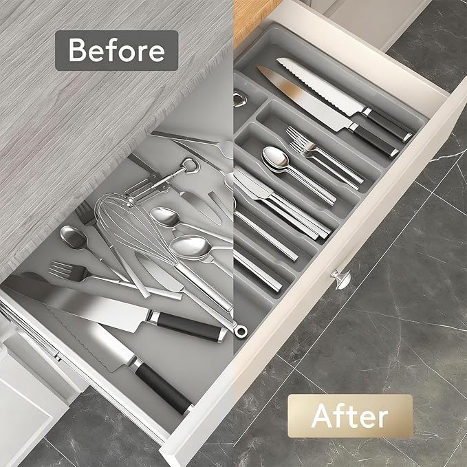 Expandable Large Silverware Tray For Drawer Organizer, Kitchen Cooking Utensil Drawer Organizer For Spoons Forks Knives, Adjustable Cutlery Flatware Holder 13"-22.4" X 14.7" X 2" (Gray)
