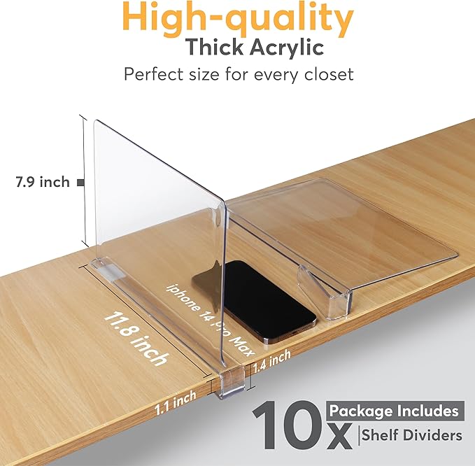 10 Pack Acrylic Shelf Dividers for Closet 11x7.9 Inch โ Acrylic Dividers for Shelves Clear Closet Shelf Separators for Purses, Clothes Storage โ Vertical Bookshelf Dividers for Bedroom & Kitchen