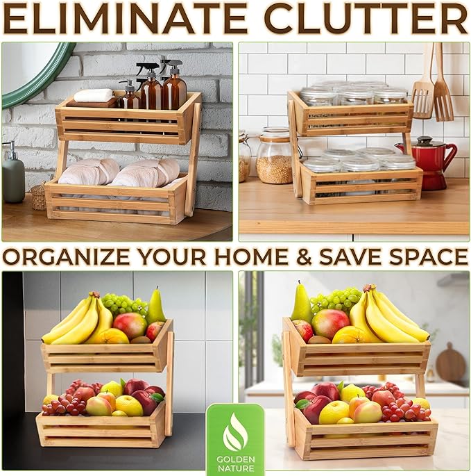 Fruit Basket - 2-Tier Bamboo Fruit & Vegetable Storage Organizer for Kitchen Counter - Gift Box Included - Lightweight & Easy Assembly - Countertop Stand Holder Bowl