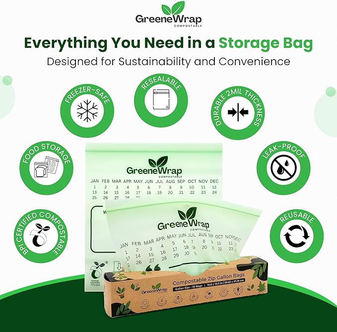 GreeneWrap Compostable Snack Size Zip Bags 50 Count Extra Thick 2 mil Resealable, Leak-Proof, Freezer Safe Disposable Food Storage Bags, BPI and OK Compost Home Certified, ASTM D6400