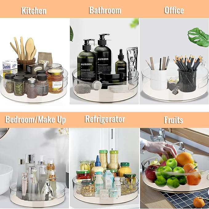 4 Pack Lazy Susan Organizer for Cabinet:Lazy Susan Turntable (8/10/11/12 Inch) with Non-Slip Mat and Handles,Turntable Rack for Kitchen,Pantry,Refrigerator,Bathroom and Vanity Countertop