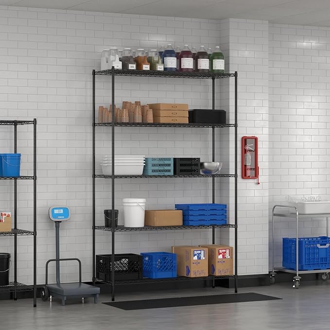 Commercial NSF Listed Black Epoxy Stationary Wire Shelving Kit 21" x 60" x 96", with 5 Shelves Perfect for Warehouse, Walk-in Refrigerator, Freezer, Grocery Store, Restaurant, Dishroom