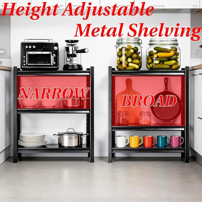 Pantry Kitchen Shelves, Metal Shelving, 3 Tier Bakers Rack With Storage Pantry Shelf, 1800 Lbs Industrial Shelving Stand, Kitchen Storage Organization Free Standing Shelves, Black 27.6"W×13.8"D×31.5"H