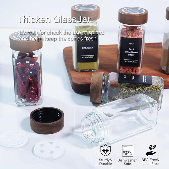 Spice Jars with Labels 24 Pack 4 oz Glass Spice Containers with Wooden Lids, Empty Seasoning Jars Set with Funnel, Brush & Marker, Square Glass Jars for Kitchen Pantry Organization & Storage