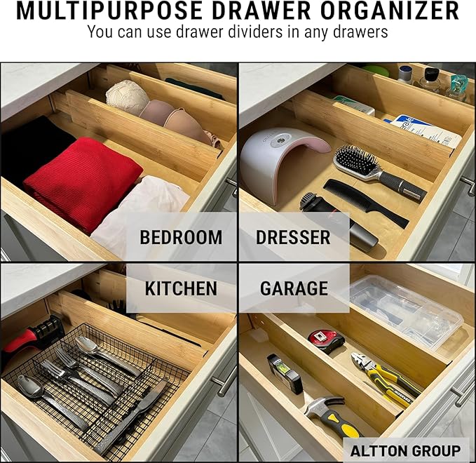 4"" High Drawer Dividers Bamboo Organization Expandable Organizers for Kitchen Bedroom Bathroom Dresser Office 4-pack, natural