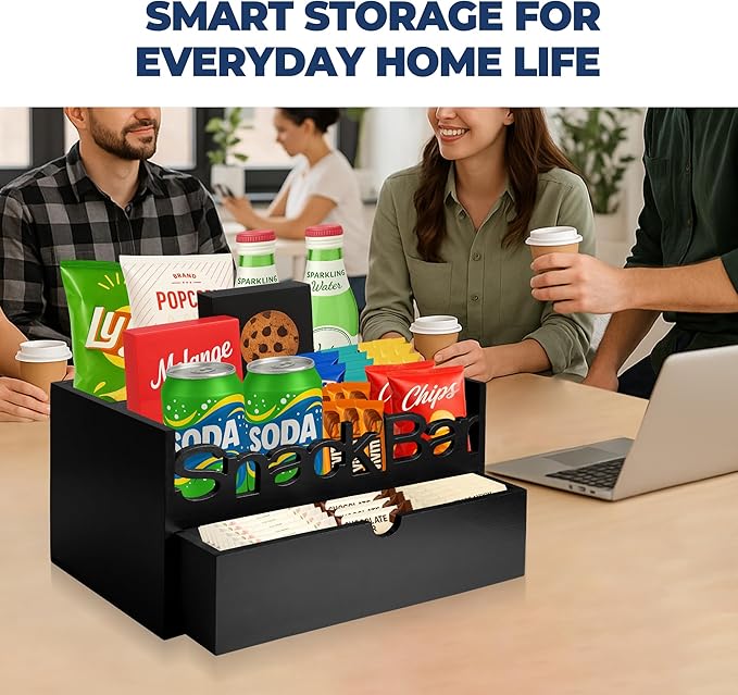 Snack Bar Organizer – Black 3 Compartment Station with Drawer, Countertop Pantry Organizer for Kitchen, Office Food Holder, Candy Storage Bin, Display Stand, Cabinet Tray & Shelf