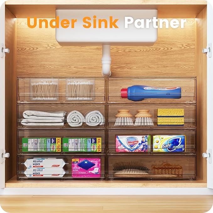 A-LuGei γπ°π£ππ¦γ Acrylic Stackable Storage Drawers, 11.8" W Makeup Organizer, Bathroom Organizer and Storage, Plastic Storage Bins for Kitchen Cabinet Pantry Medicine Fridge