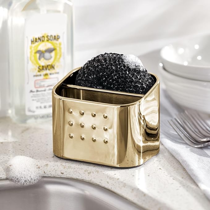 iDesign Sponge and Scrubber Holder with 2 Compartments for Kitchen Sink - Soft Brass