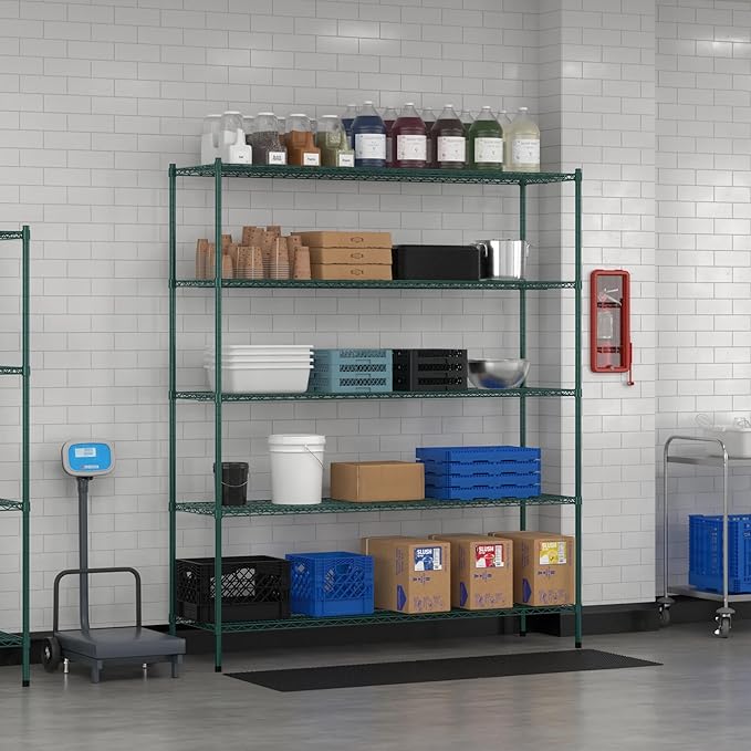 Commercial NSF Listed Green Epoxy Stationary Wire Shelving Kit 21" x 72" x 86", with 5 Shelves Perfect for Warehouse, Walk-in Refrigerator, Freezer, Grocery Store, Restaurant, Dishroom