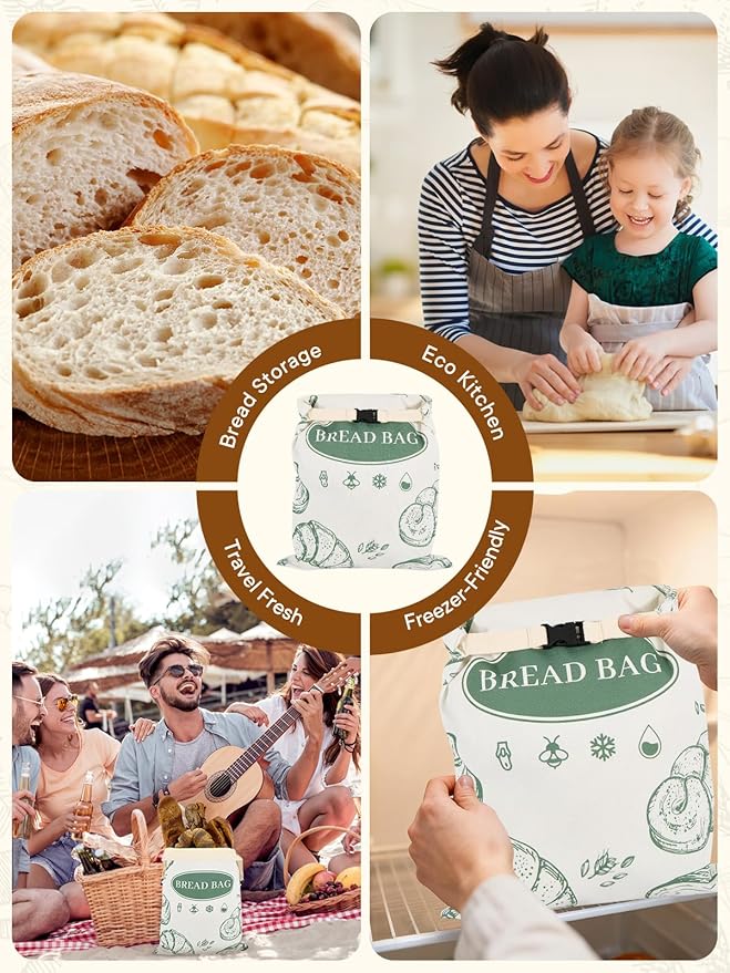 2 Pack Zippered Beeswax Bread Bags - 17×13 Inch Large Reusable Cotton Lined Bags Freezer Safe for Bread, Sourdough & Baguette Kitchen Baking Supplies