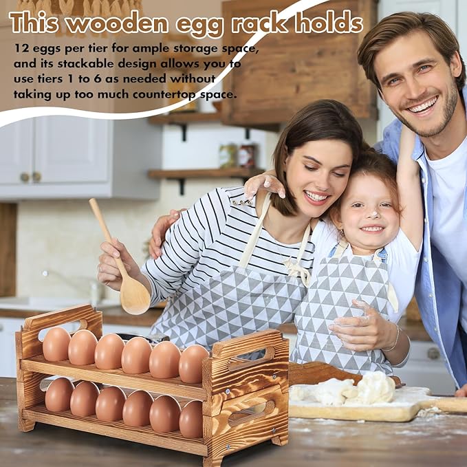Maxcheck 6-tier Stackable Egg Holder Wooden Egg Storage Rack with Handles Shelf Storage up to 108 Countertop Organizer for Kitchen, Refrigerator