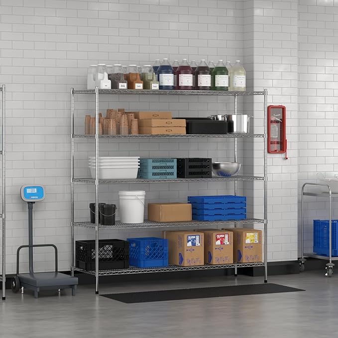 Commercial NSF Listed Chrome Stationary Wire Shelving Kit 24" x 72" x 74", with 5 Shelves Perfect for Warehouse, Walk-in Refrigerator, Freezer, Grocery Store, Restaurant, Dishroom