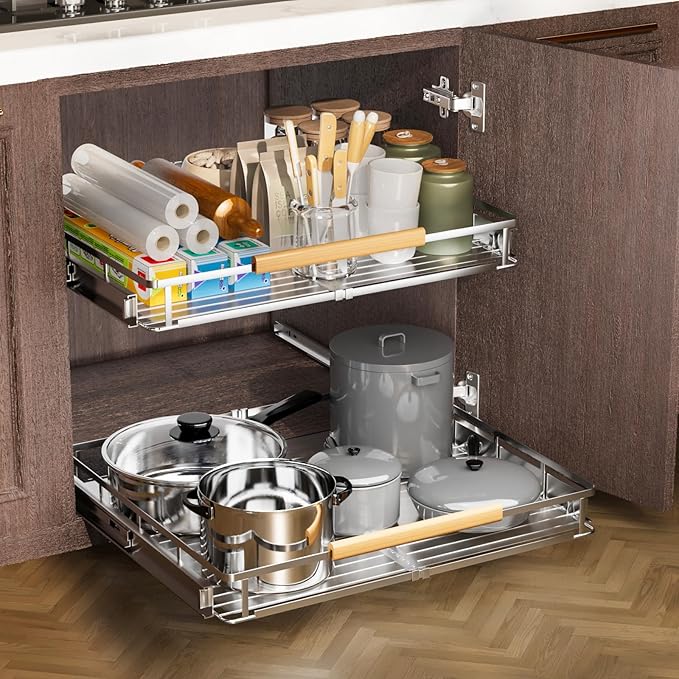 2 Pack Expandable Pull Out Cabinet Organizer,Side Mounting 23.2~39.99"x22.5"Cabinet Pull Out Shelves, Expandable Slide Out Spice Rack for Kitchen Bathroom Office