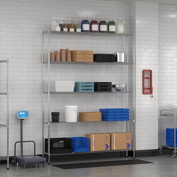 Commercial NSF Listed Chrome Stationary Wire Shelving Kit 12" x 72" x 96", with 5 Shelves Perfect for Warehouse, Walk-in Refrigerator, Freezer, Grocery Store, Restaurant, Dishroom