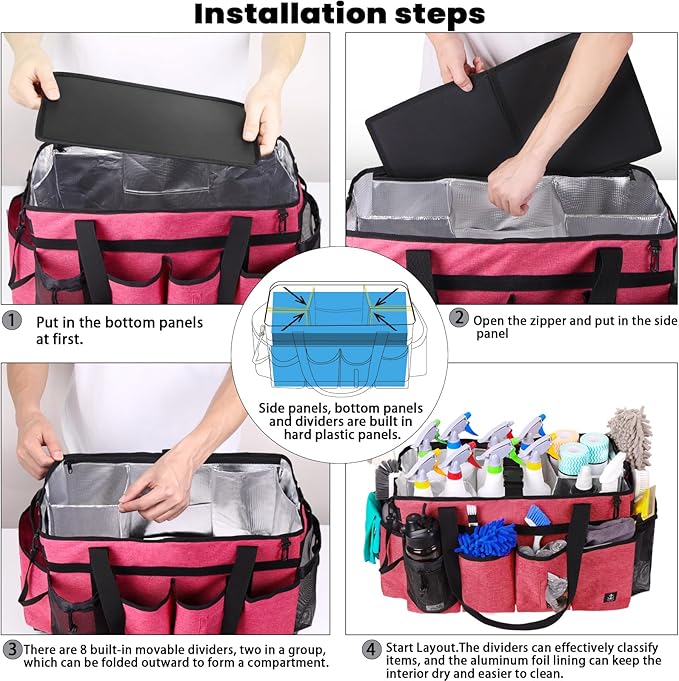 Timoxi Extra large Cleaning Caddy Bag Built-in Sturdy Support Board, Cleaning Organizer with Detachable Divider, Cleaning Supply Tote with Adjustable Shoulder Strap (Pink, 19'' x 11'' x 11'')