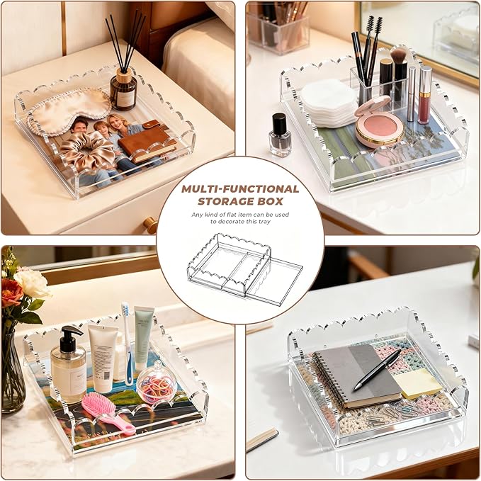 Acrylic Tray for Needlepoint, 9 x 9 Inch Clear Scalloped Acrylic Decorative Tray with Upgraded 2 Magnets Drawer Display for Insert Photo, Fabric Square Organizer Tray for Home Decor