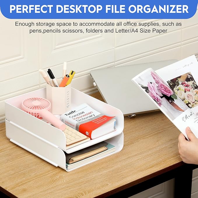 Desk Letter Tray Set of 2, Office Organization and Storage, PET Stackable Document Organizer for Notes, Pens, File Paper, White