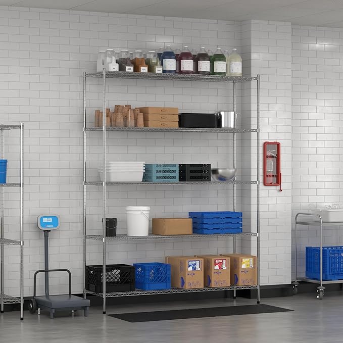 Commercial NSF Listed Chrome Stationary Wire Shelving Kit 21" x 72" x 96", with 5 Shelves Perfect for Warehouse, Walk-in Refrigerator, Freezer, Grocery Store, Restaurant, Dishroom