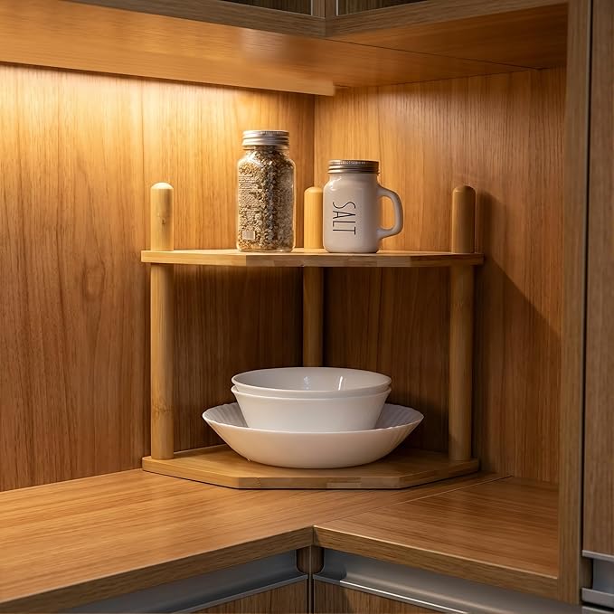 2 Pack 2-Tier Expandable Bamboo Corner Shelf - Dish/Plate Organizer for Cabinet, Kitchen Counter Shelf & Small Kitchen Shelf, Adjustable(2, 6.7" H)