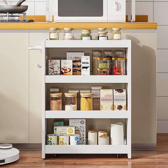 LIKIMIO 4 Tier Slim Storage Cart with Hooks, Wheels, Handle, Slide-Out Rolling Utility Cart for Small Spaces Kitchen, Narrow Mobile Shelving Unit Organizer Trolley, 23.6" L x 9.4" W