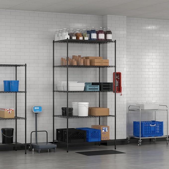 Commercial NSF Listed Black Epoxy Stationary Wire Shelving Kit 30" x 48" x 96", with 5 Shelves Perfect for Warehouse, Walk-in Refrigerator, Freezer, Grocery Store, Restaurant, Dishroom