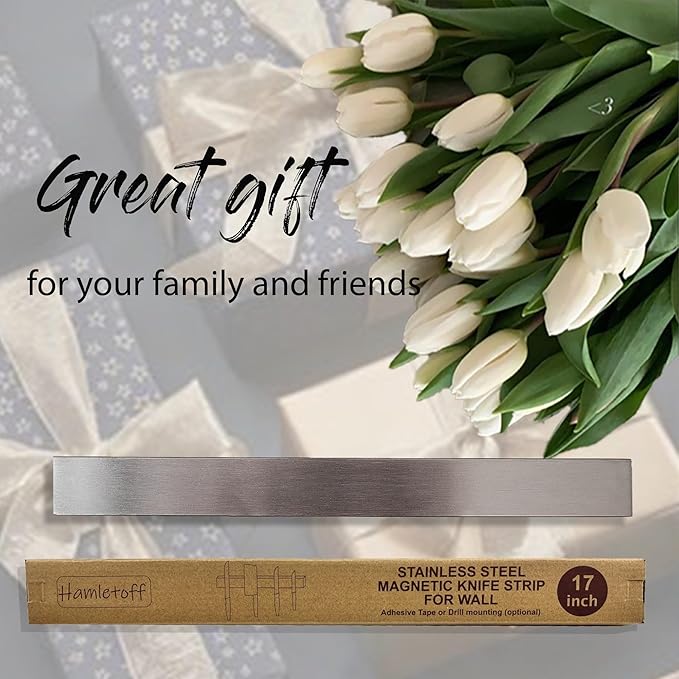 Premium Magnetic Knife Strip for Wall no Drilling – 17 Inch Stainless Steel Magnetic Knife Holder with Strong Adhesive Tape - Kitchen Magnet Knife Bar with Screws (Upgraded Version)