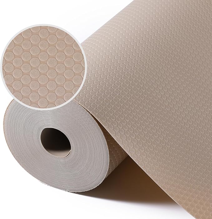Beige Shelf Liners for Kitchen Cabinets Non Adhesive Drawer Liner for Bathroom Waterproof Refrigerator Liners for Shelves Fridge Plastic Mats Cabinet Cupboard Liner 11.8 x 118 Inches
