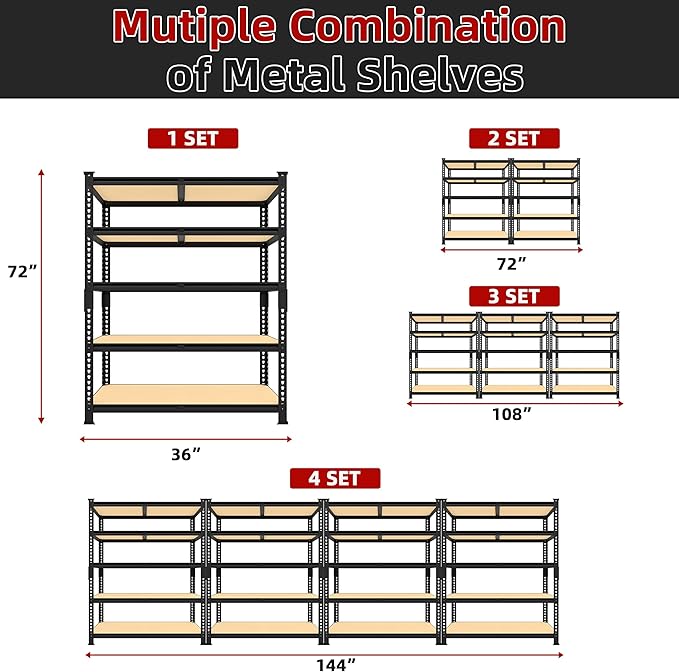Heavy Duty Metal Storage Shelves - 36" W x 16" D x 72" H 5 Tier Adjustable Garage Shelving Unit, Industrial Utility Rack Shelf for Warehouse, Pantry, Kitchen, Black, 2 PCS